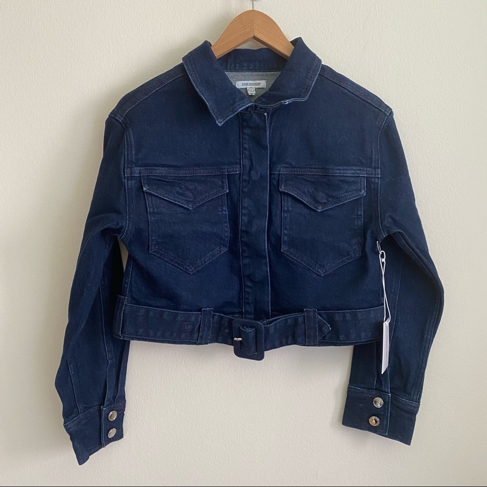 Good American The 70s Icon Belted Cropped Denim Jacket Deep Blue 0 XS NWT - Picture 3 of 16